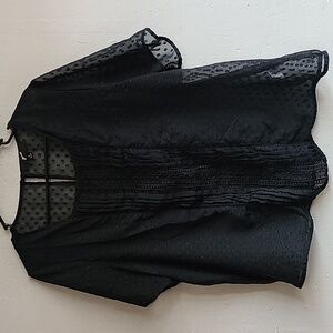 Womens XL black dot shirt semi sheer short sleeve lightweight pleated front CUTE